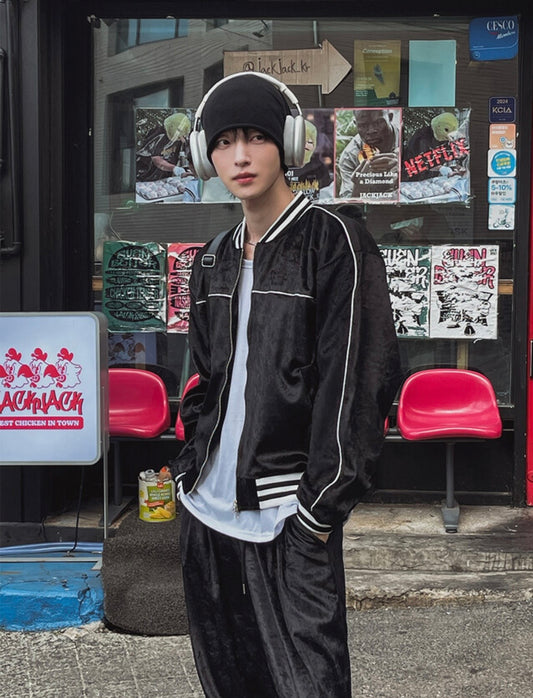 A122 天鵝絨線條雙拉鍊外套 (黑 棕)