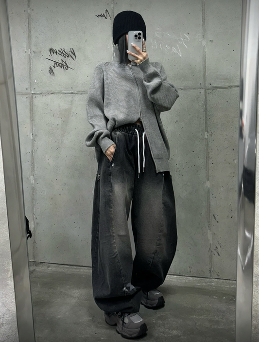 J62 雙釦水洗牛仔氣球褲 (黑 藍)