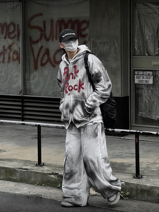 A79 設計感噴漆連帽外套 (黑 白)