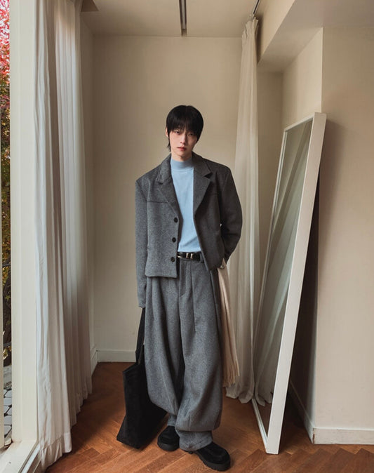 J91 羊毛挺版氣球褲 (灰 黑)