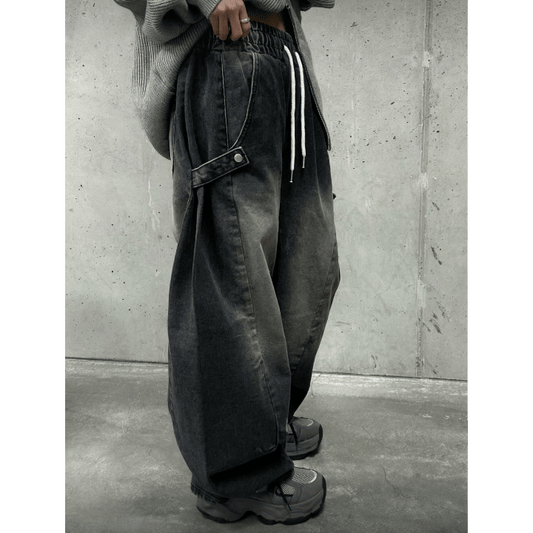 J62 雙釦水洗牛仔氣球褲 (黑 藍)