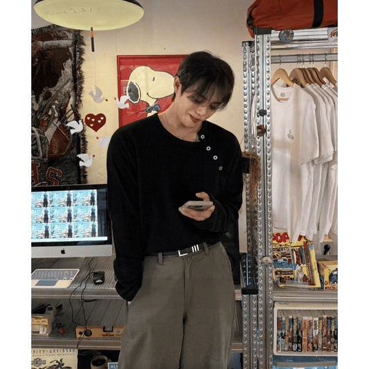 B133 華夫格斜釦織衫 (黑 灰)