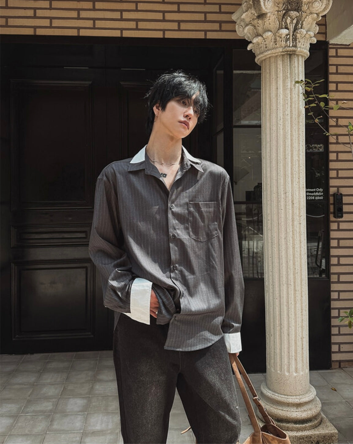 B140 撞色條紋拼接寬版襯衫 (灰 黑)