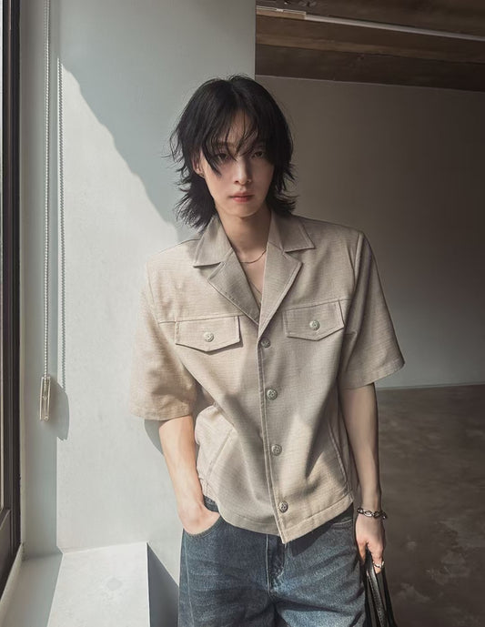 B84 亞麻挺布襯衫 (米 深藍)