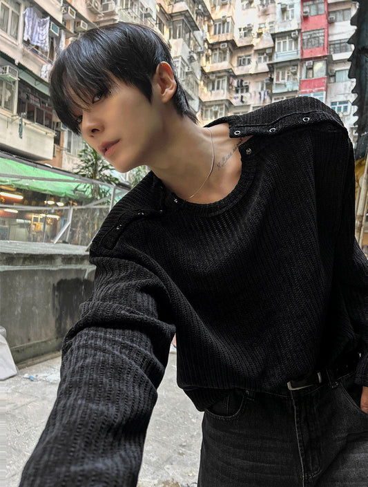 B125 斜肩釦織紋長袖上衣 (黑 灰)