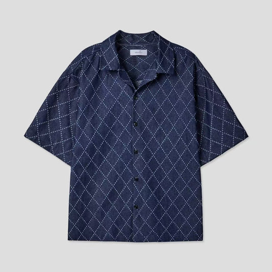 B91 菱格丹寧短袖襯衫 (淺藍light blue 深藍dark blue)