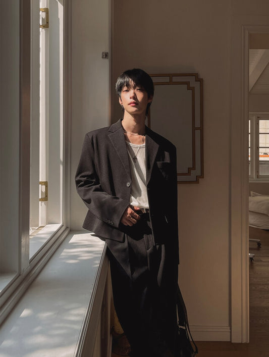A107 極簡霧紋西裝外套 (黑 灰)