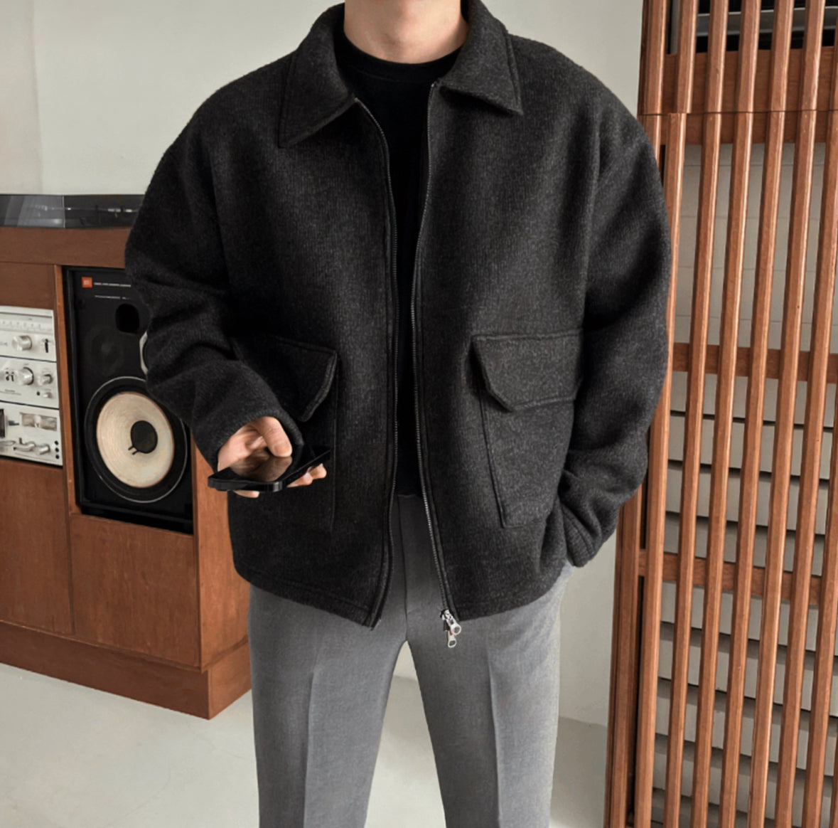 A13 桃領夾克 (黑black 棕brown 深灰 dark gray)