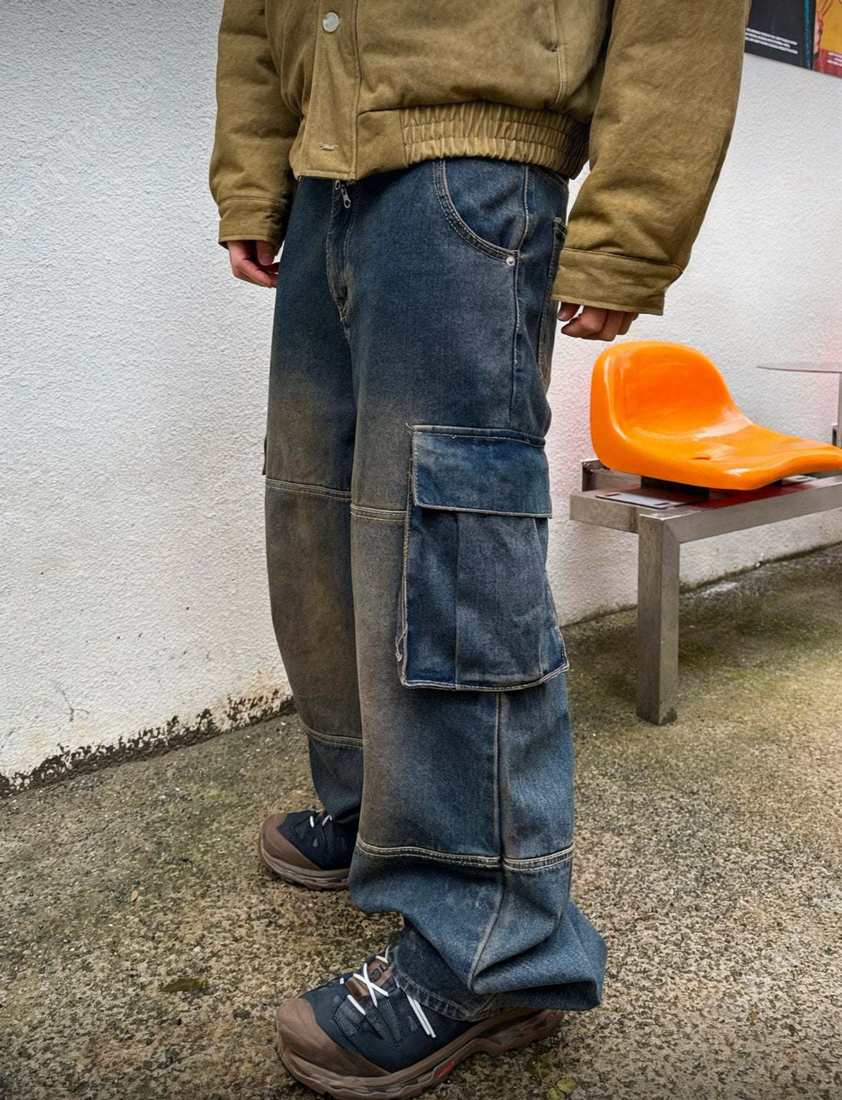 J15 denim large pocket cargo wide pants (black, dark blue)