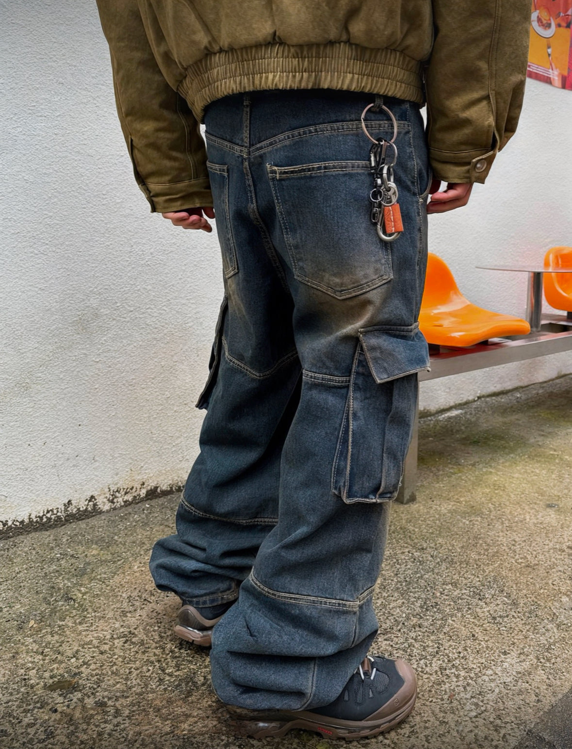 J15 denim large pocket cargo wide pants (black, dark blue)