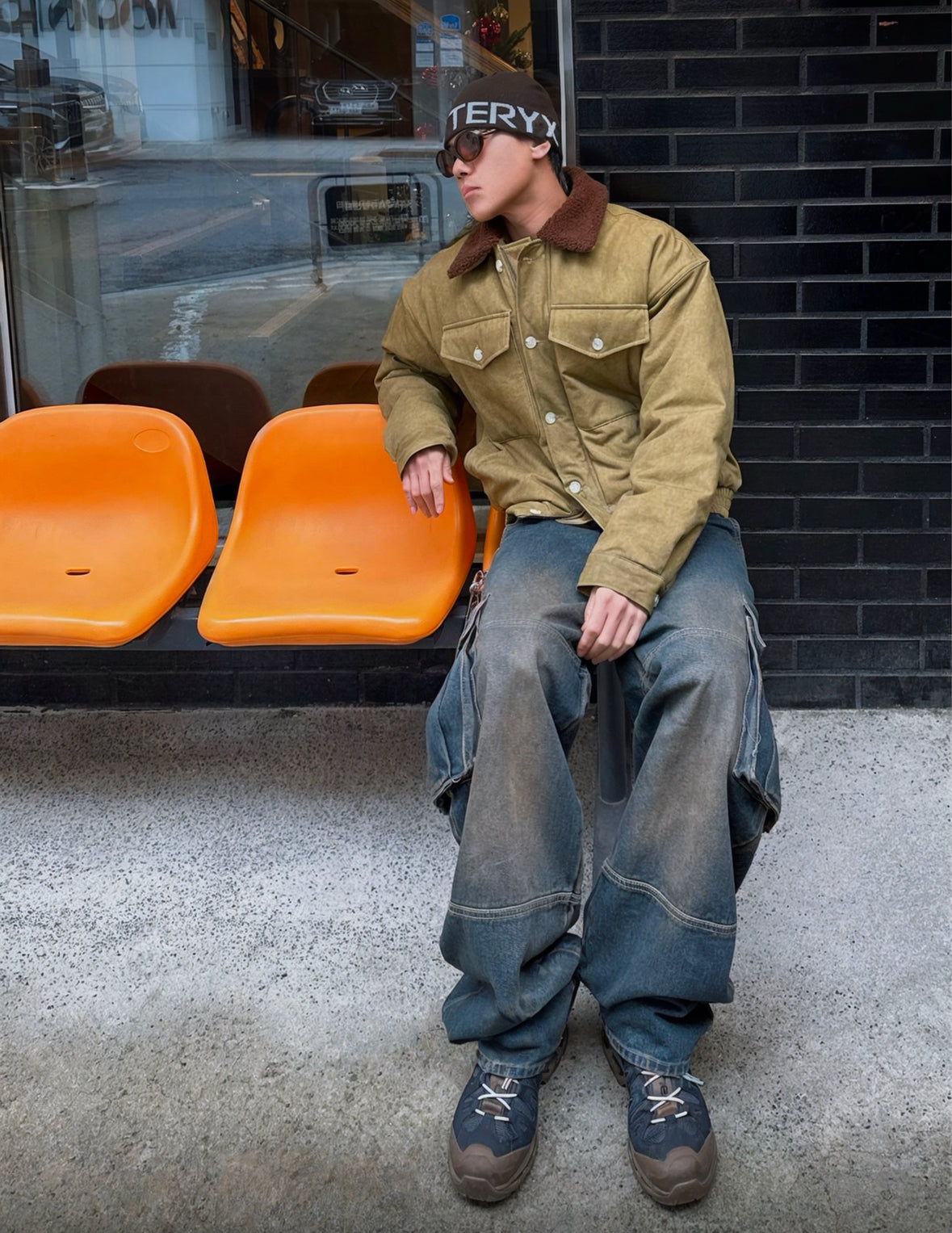 J15 denim large pocket cargo wide pants (black, dark blue)