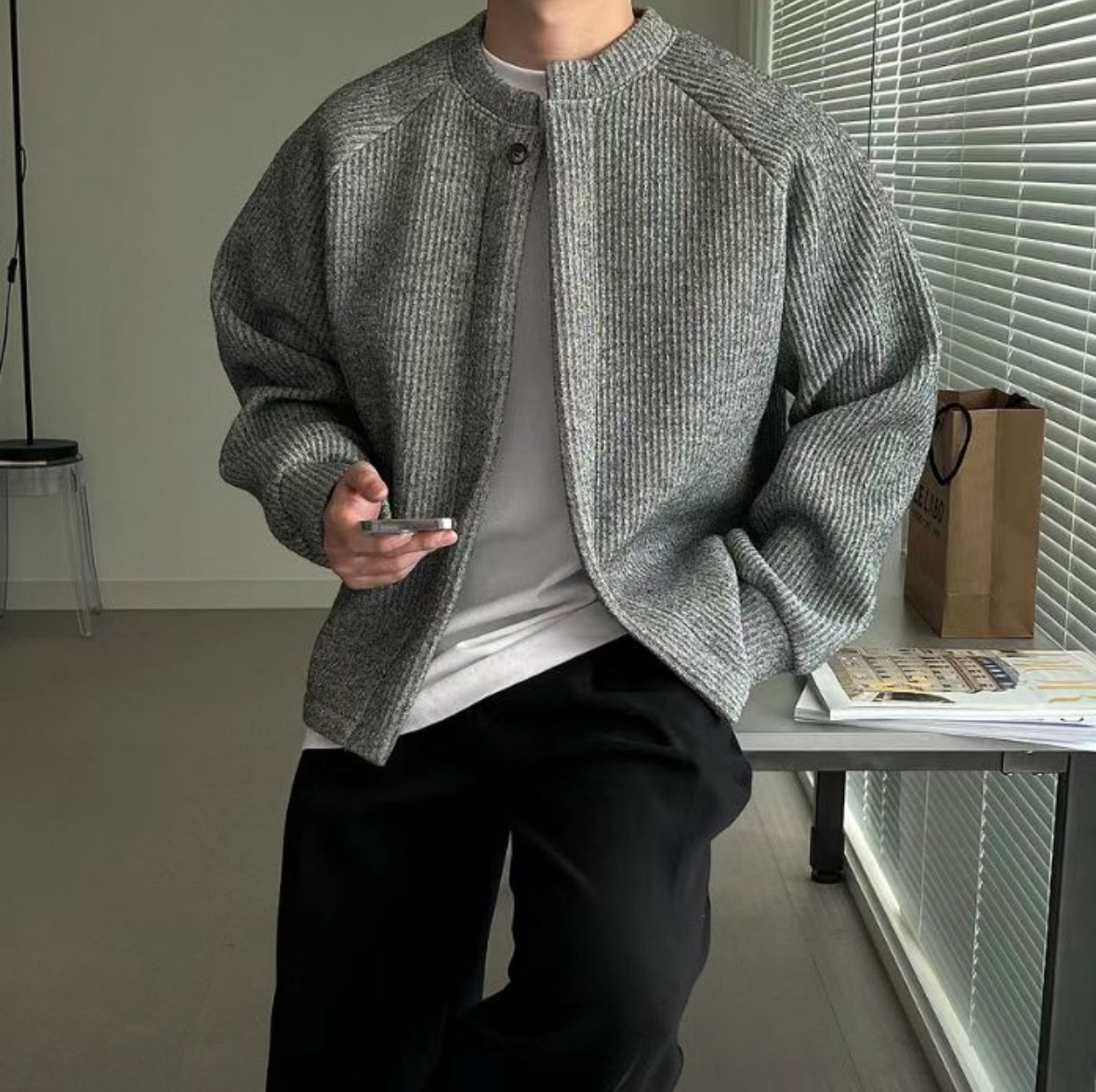 A29 single button ribbed knit jacket (four colors)