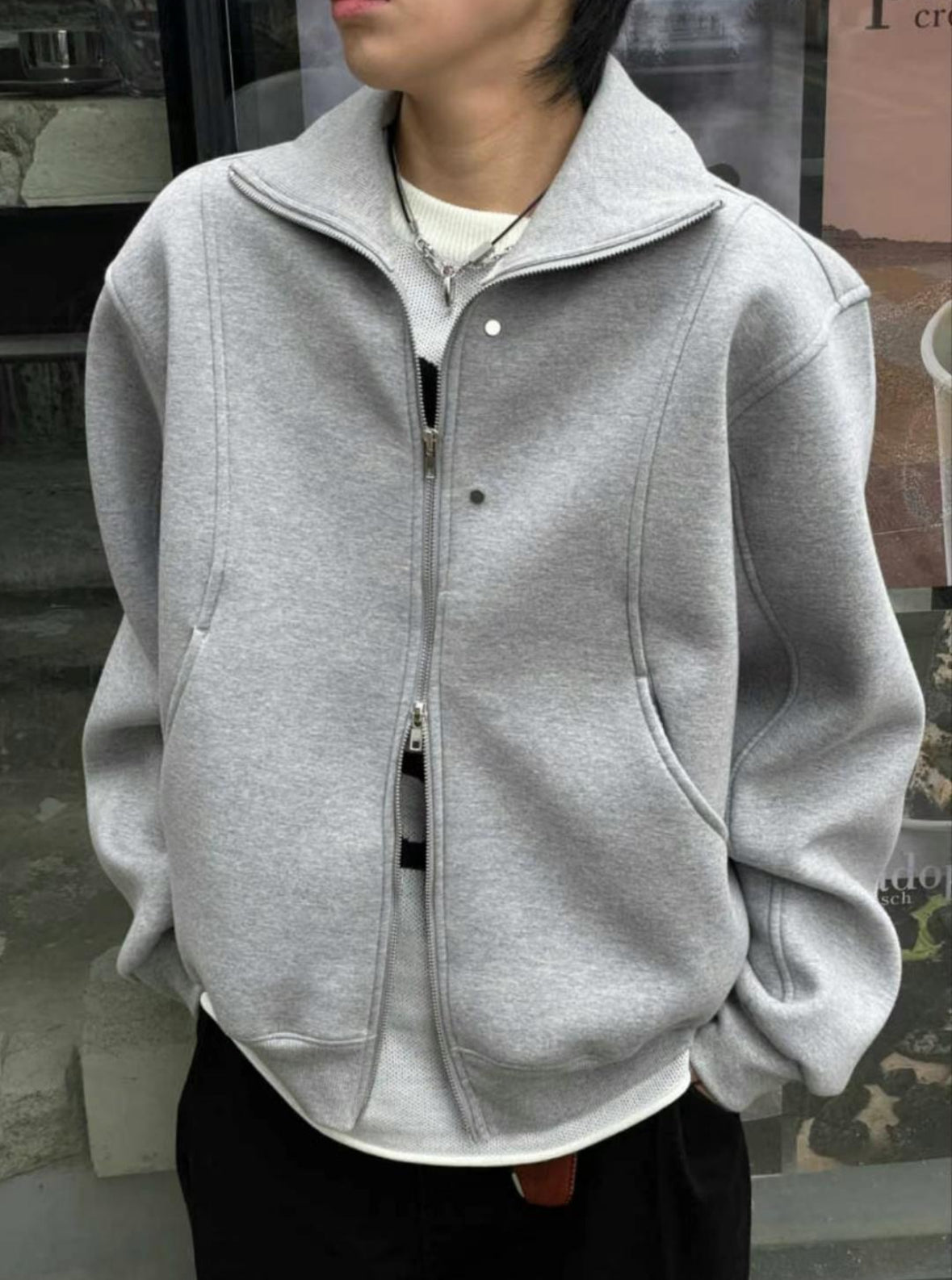 A34 Fashion Rivet Double Zipper Jacket (Black Gray)