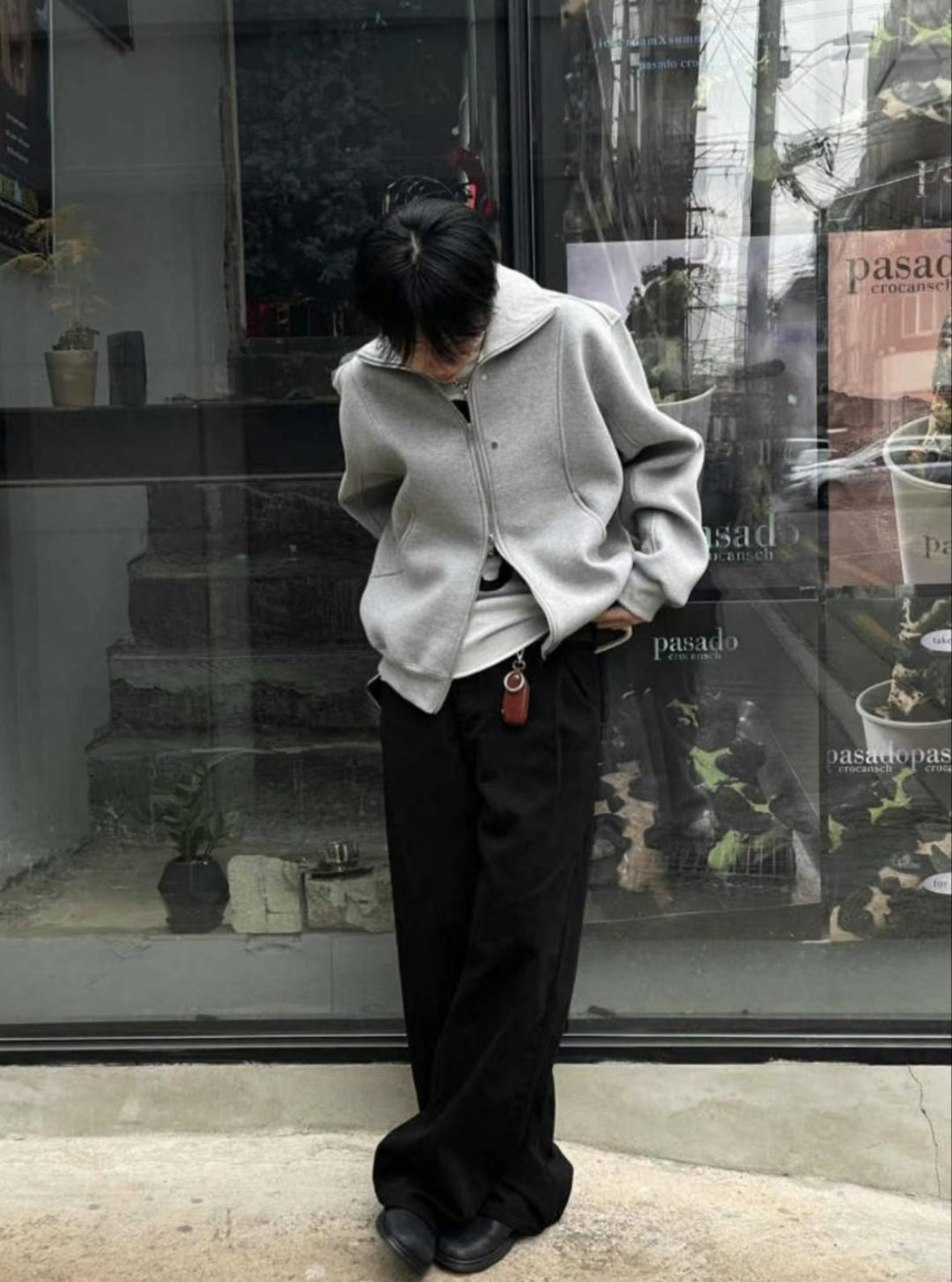 A34 Fashion Rivet Double Zipper Jacket (Black Gray)