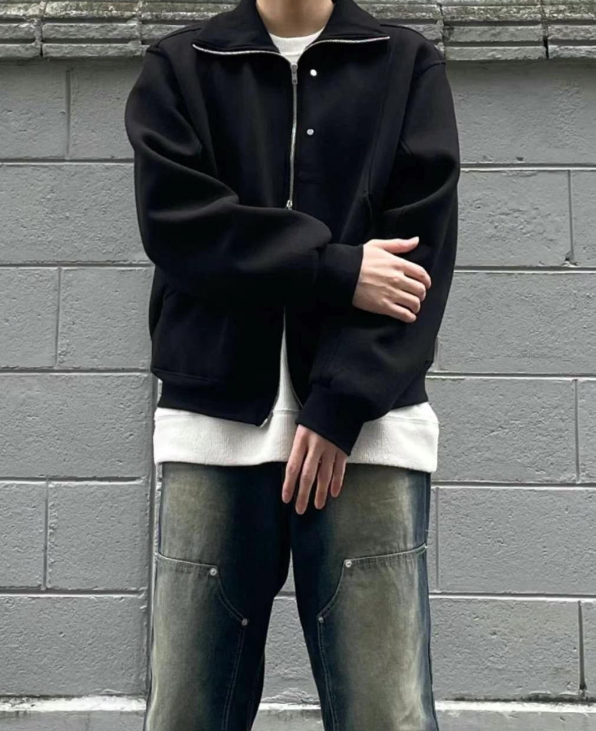 A34 Fashion Rivet Double Zipper Jacket (Black Gray)