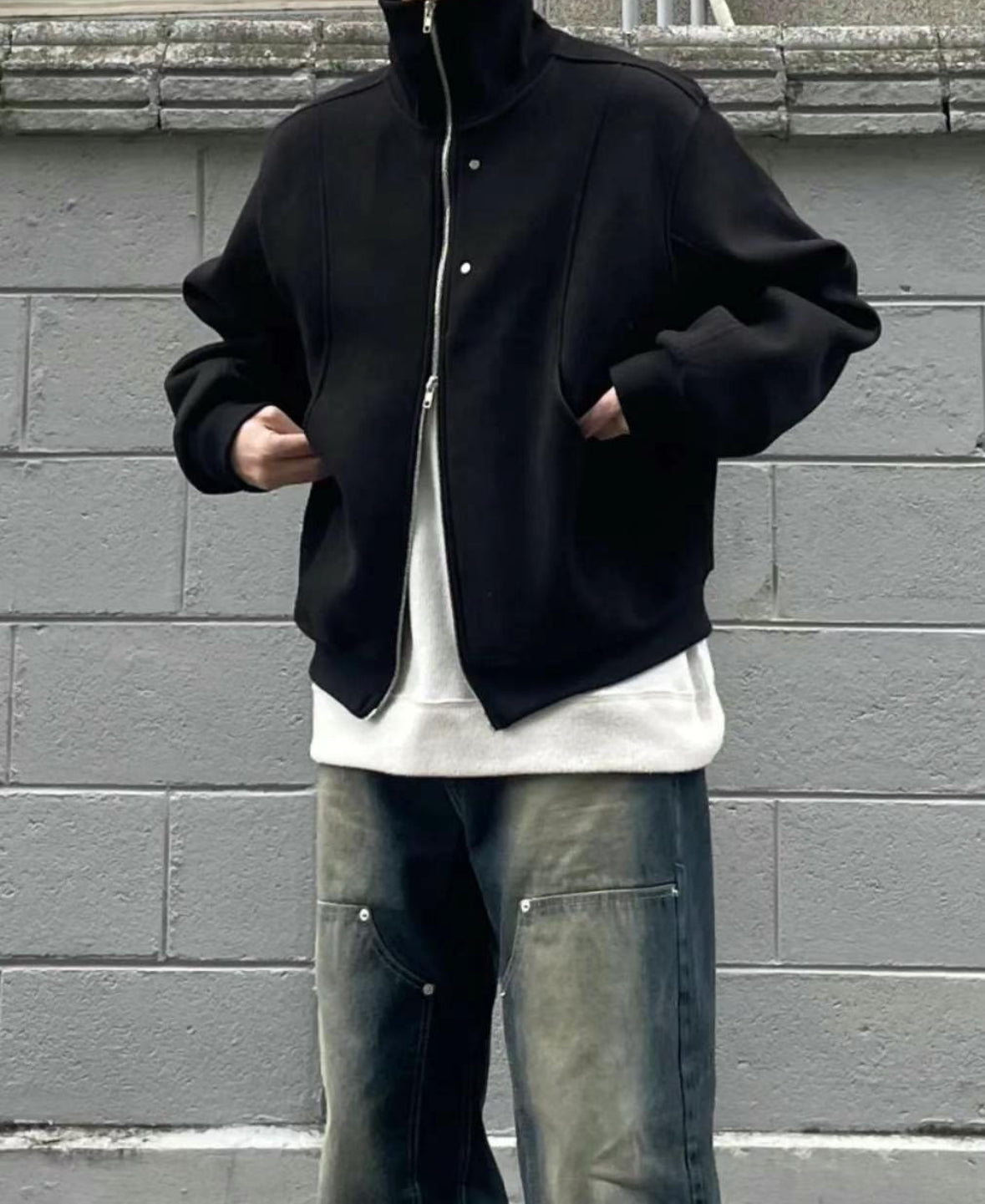 A34 Fashion Rivet Double Zipper Jacket (Black Gray)
