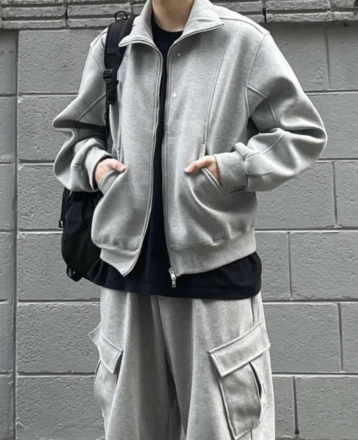 A34 Fashion Rivet Double Zipper Jacket (Black Gray)