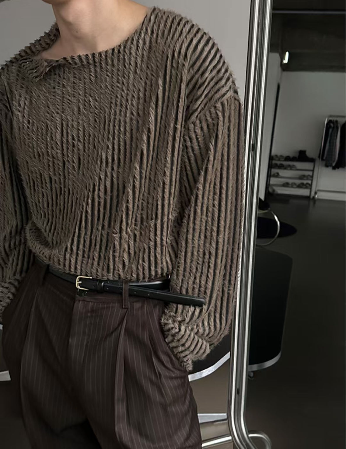 B23 Single side button knit sweater (dark gray brown)