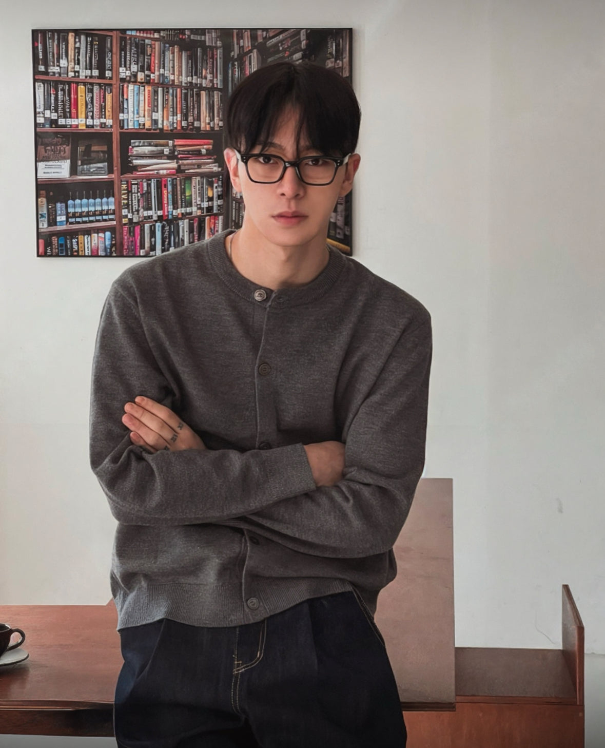 B25 wool button casual sweater (black gray)