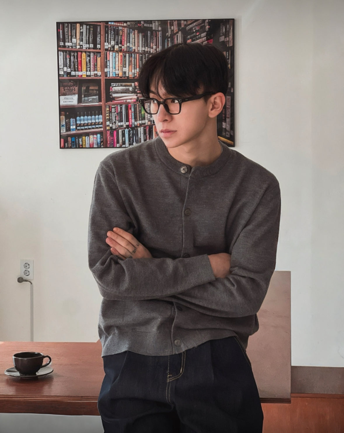 B25 wool button casual sweater (black gray)