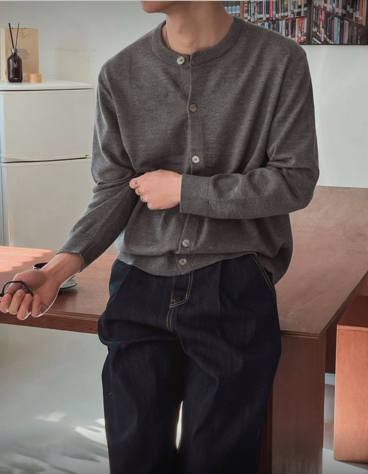 B25 wool button casual sweater (black gray)
