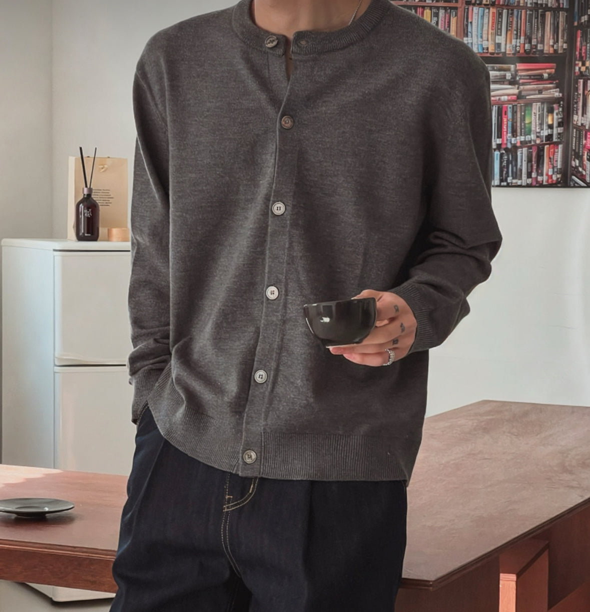B25 wool button casual sweater (black gray)