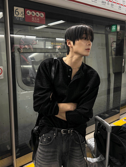 B28 粗花呢亨利T恤 (黑black 白white)