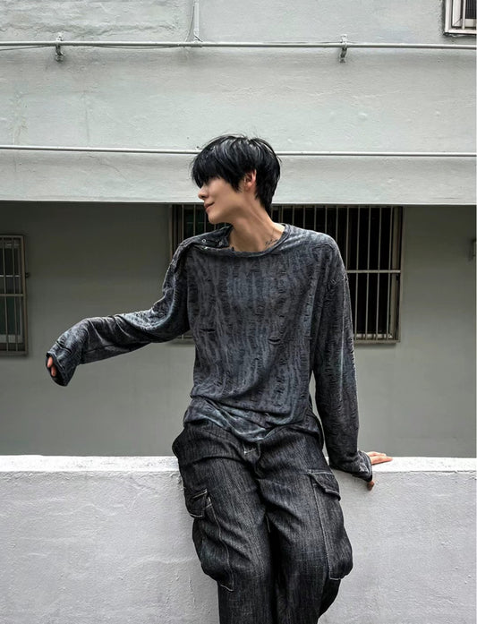 B33 水洗側開刷破T恤 (深灰dark gray 棕brown)