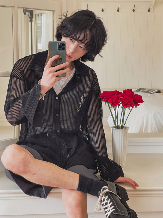 B102 條紋感薄透襯衫 (黑black)