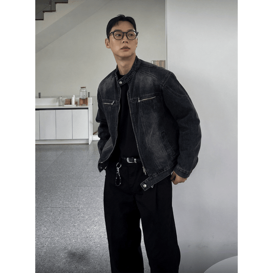 A69 復古水洗立領牛仔外套 (黑 藍)