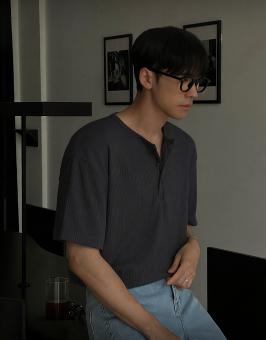 B37 亨利領羅紋短袖T恤 (3色 three colors)