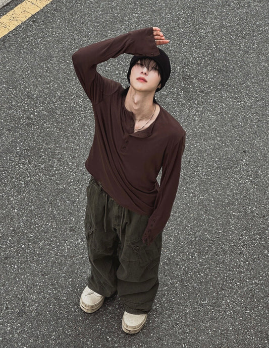 B157 亨利領寬鬆長袖上衣 (3色)