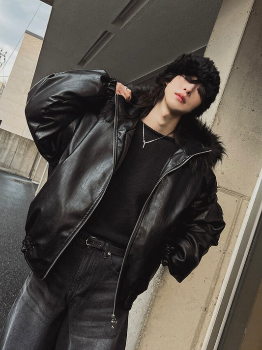 A142 浣熊毛連帽皮革夾克