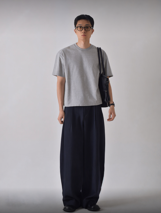 J44 條紋休閒寬褲 (黑black 深藍dark blue)