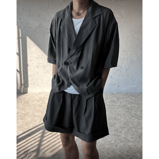 A75 輕奢光澤短袖西裝外套 (灰 米)