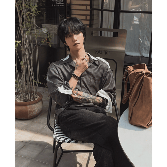 B140 撞色條紋拼接寬版襯衫 (灰 黑)