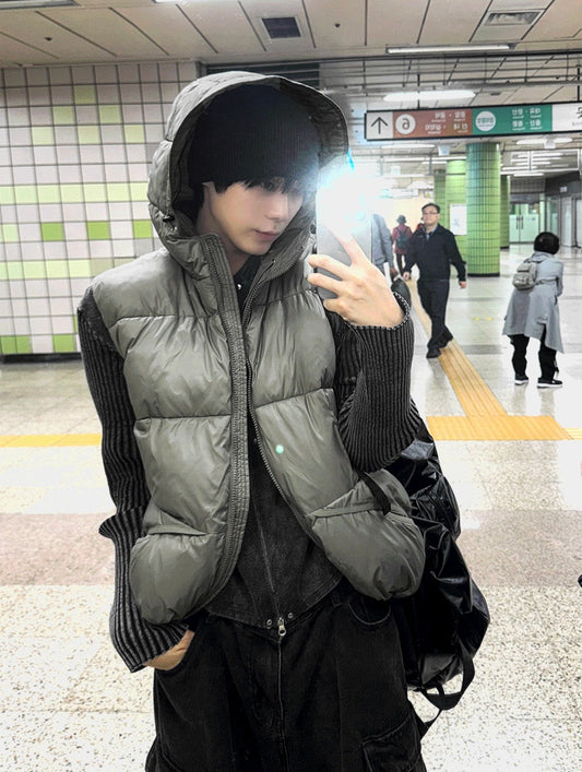 A141 金屬感連帽鋪棉背心 (卡其 黑)