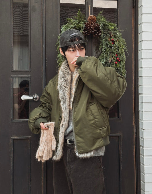 A130 立體毛領飛行外套 (軍綠 黑)