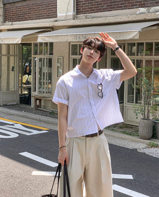 B242 White Collar Striped Short-Sleeve Shirt (White Blue)