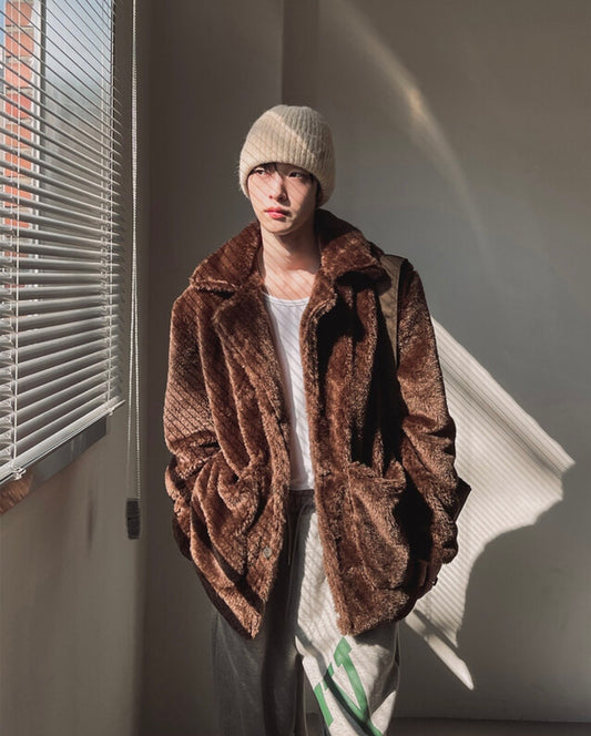 A132 時髦短毛皮草大衣 (棕 黑)