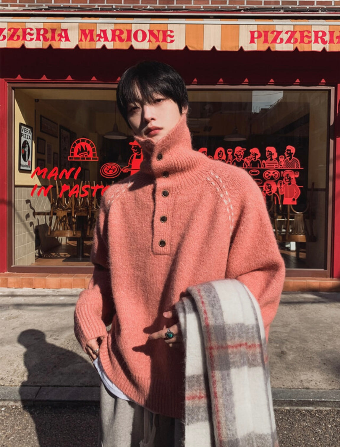 B153 鬆弛立領羊絨毛衣 (燕麥 藕粉)