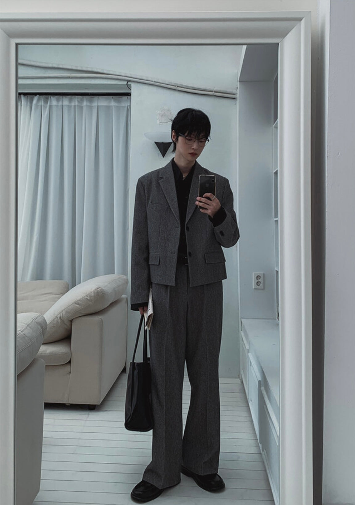 A107 極簡霧紋西裝外套 (黑 灰)