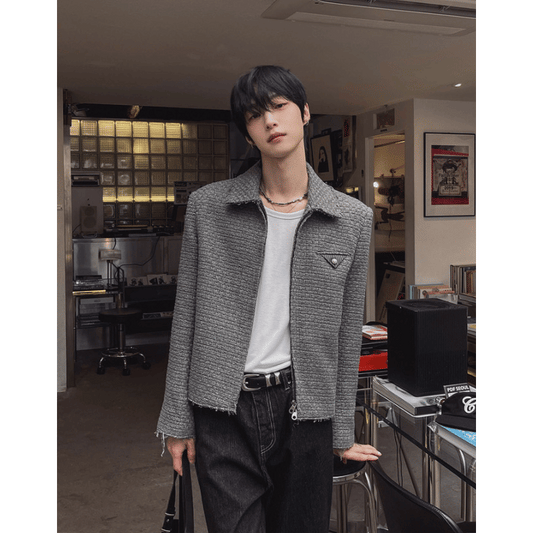 A97 立體粗花呢羊毛短版外套 (深灰 黑)