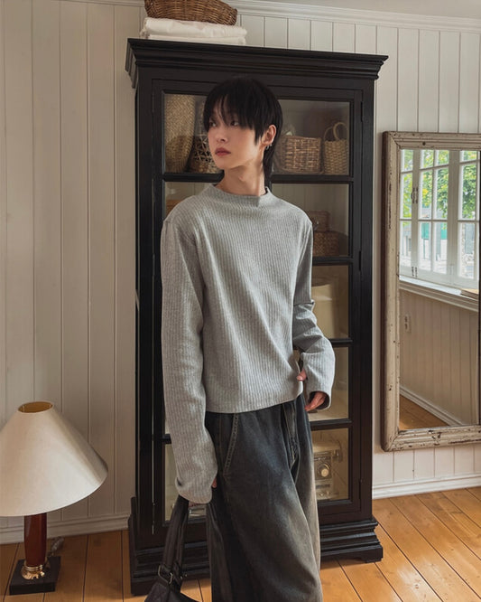 B126 細節羅紋墊肩上衣 (黑 灰)