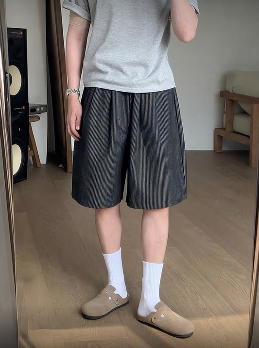 J58 丹寧條紋雙褶百慕達短褲 (黑black 深藍dark blue)