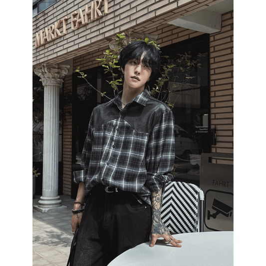 B143 美拉德皮革格紋襯衫 (黑 咖)