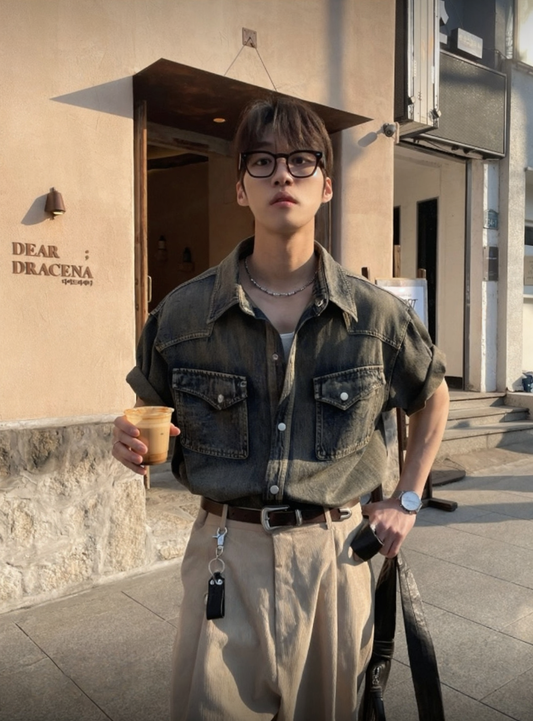 B88 復古水洗刷色襯衫 (深灰)