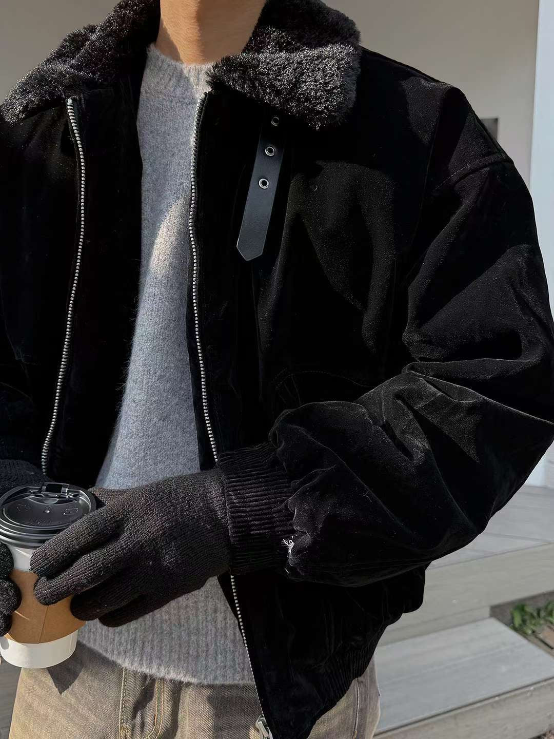 A110 雙領絲絨氣墊短版夾克 (棕 黑)