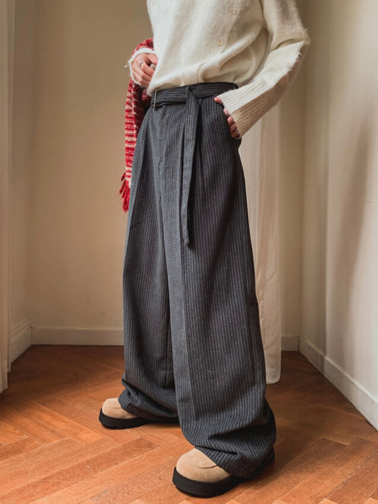 J81 厚磅羊毛綁帶寬褲 (黑 灰)