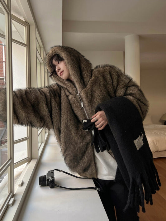 A127 雙拉鍊毛絨連帽外套 (3色)